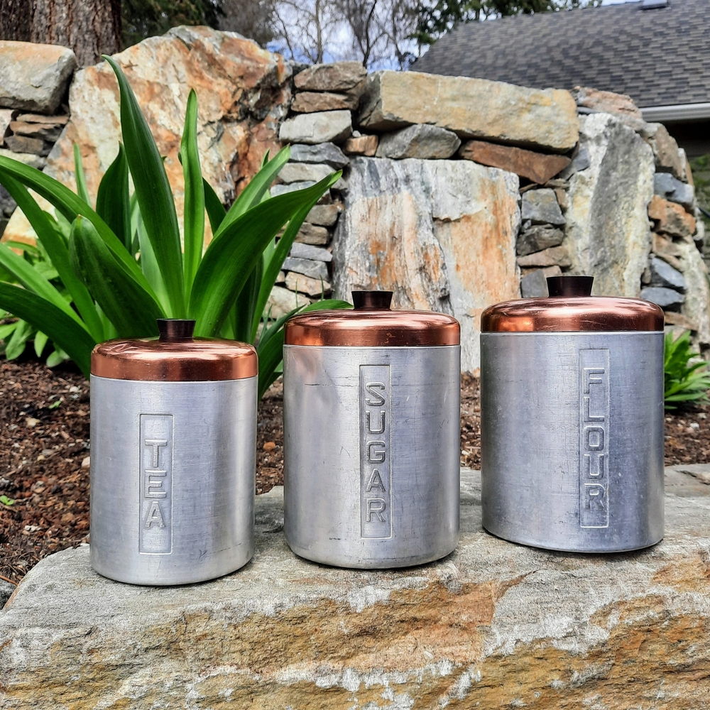 Vintage Metal Canister Set with Copper Lids